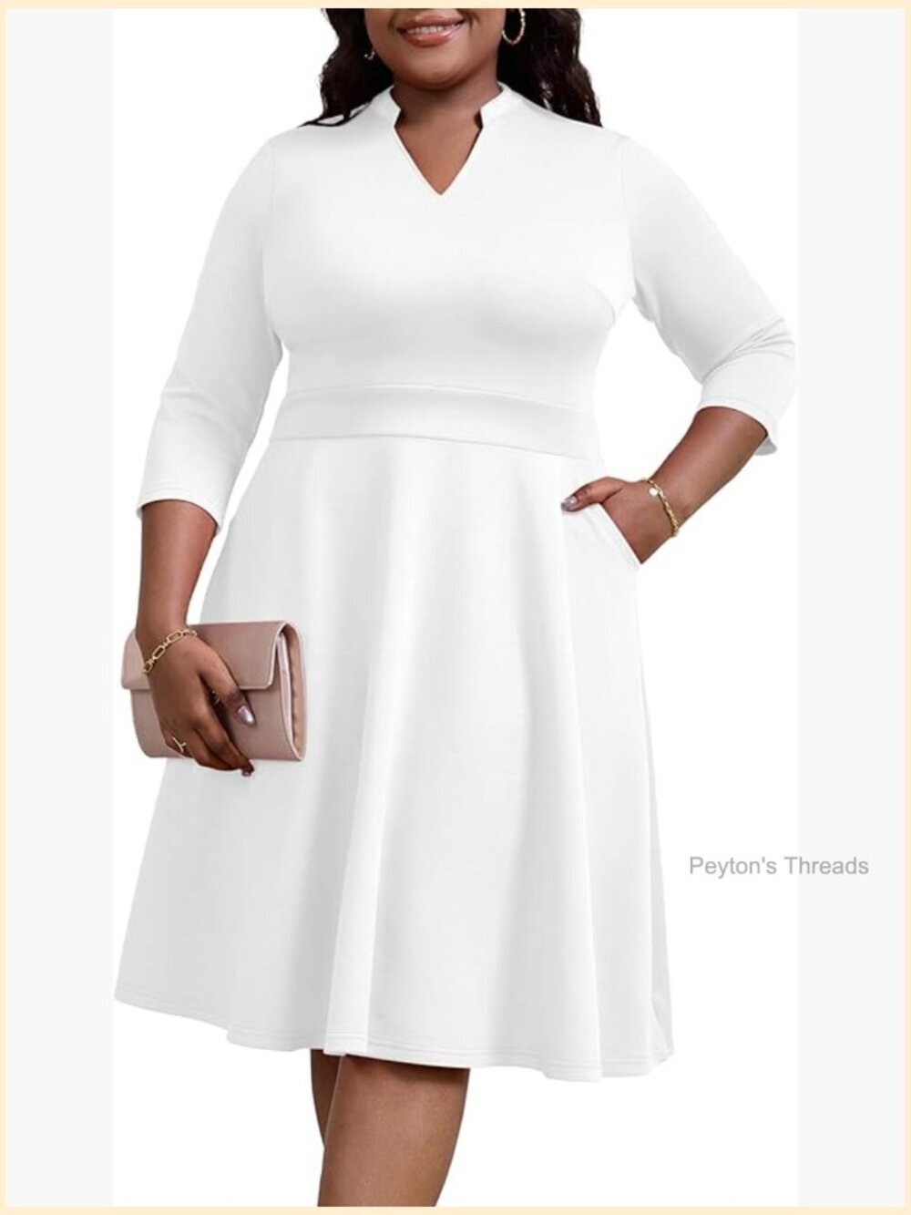 Plus Size 3/4 Sleeve V Neck Midi Dress with Pockets - Picture 1 of 7